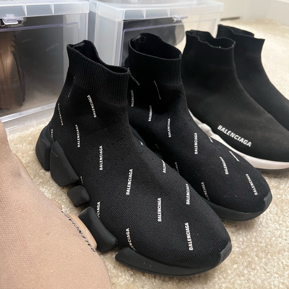 Women’s Balenciaga Speed Trainer Allover Logo print knit sneaker in White/Black